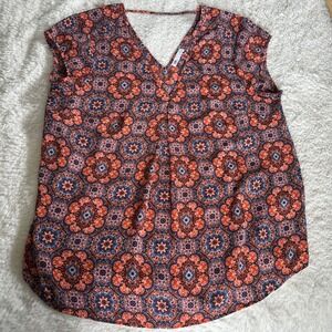 DR2 by Daniel Rainn Boho Medallion V-Neck Blouse Top Orange Blue Size M (Fits La